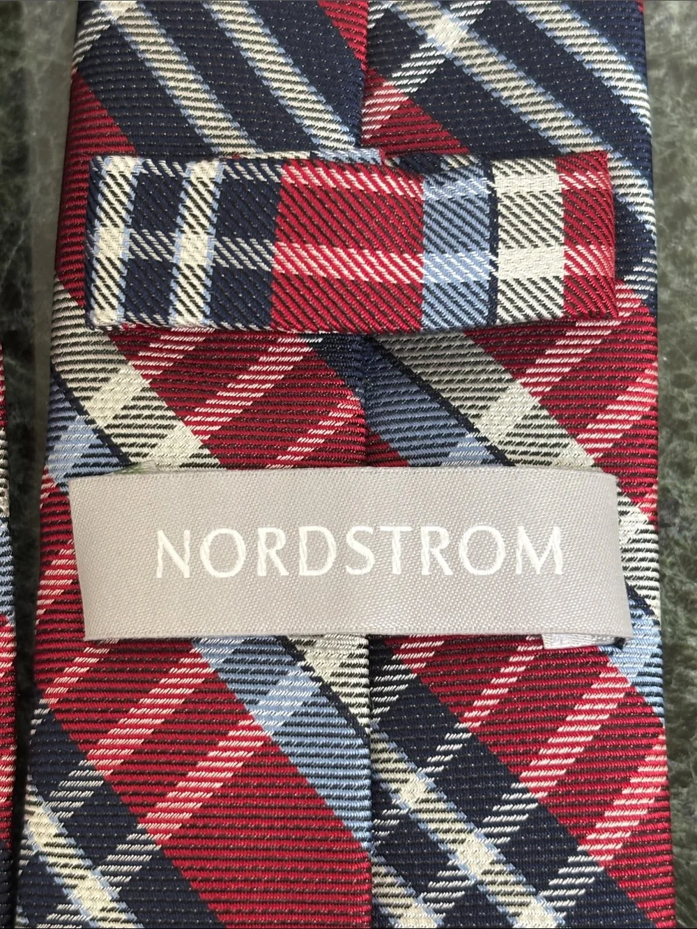 Nordstrom brand necktie 👔 vibrant red, blue, and white plaid tartan pattern.